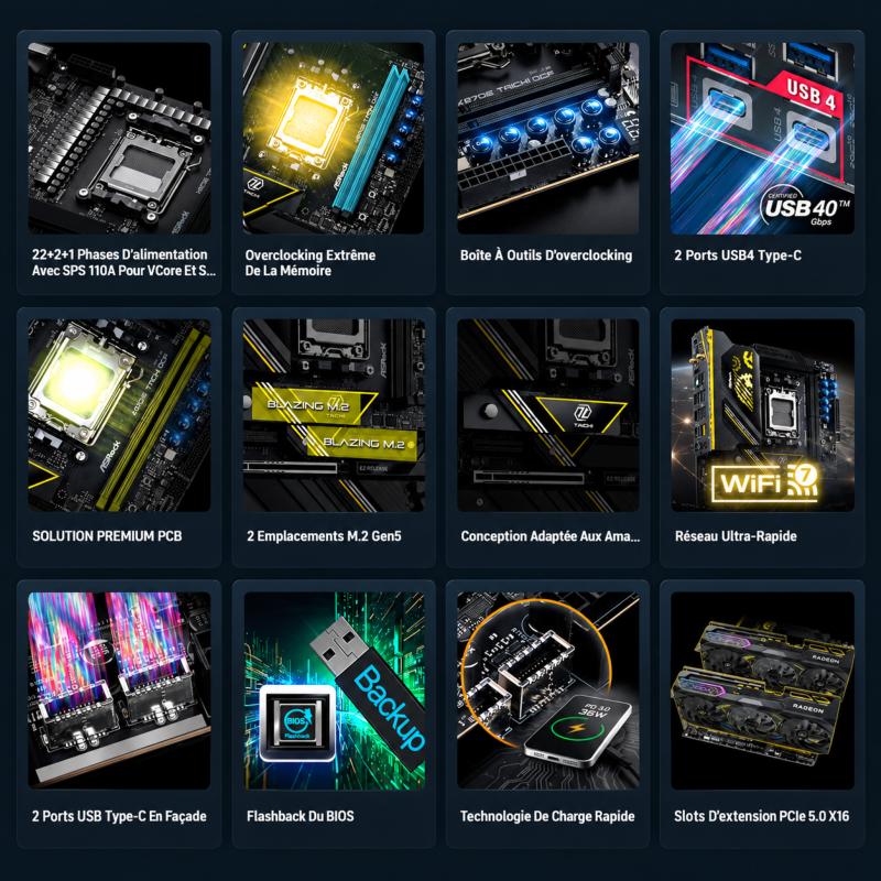 Interfaces DDR5 PCIe 5.0 USB4 et connectivité de la carte mère ASRock X870E Taichi OCF