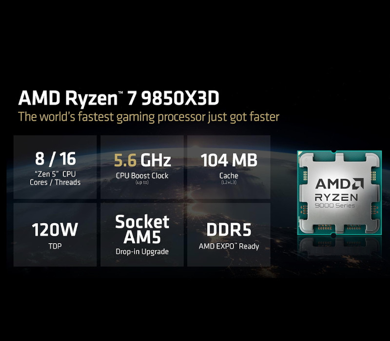 AMD Ryzen 7 9850X3D - Processeur 8 coeurs, 4.70 GHz, 96 Mo, AMD Zen 5, TDP 120 Watts, socket AM5, version boîte sans ventilateur