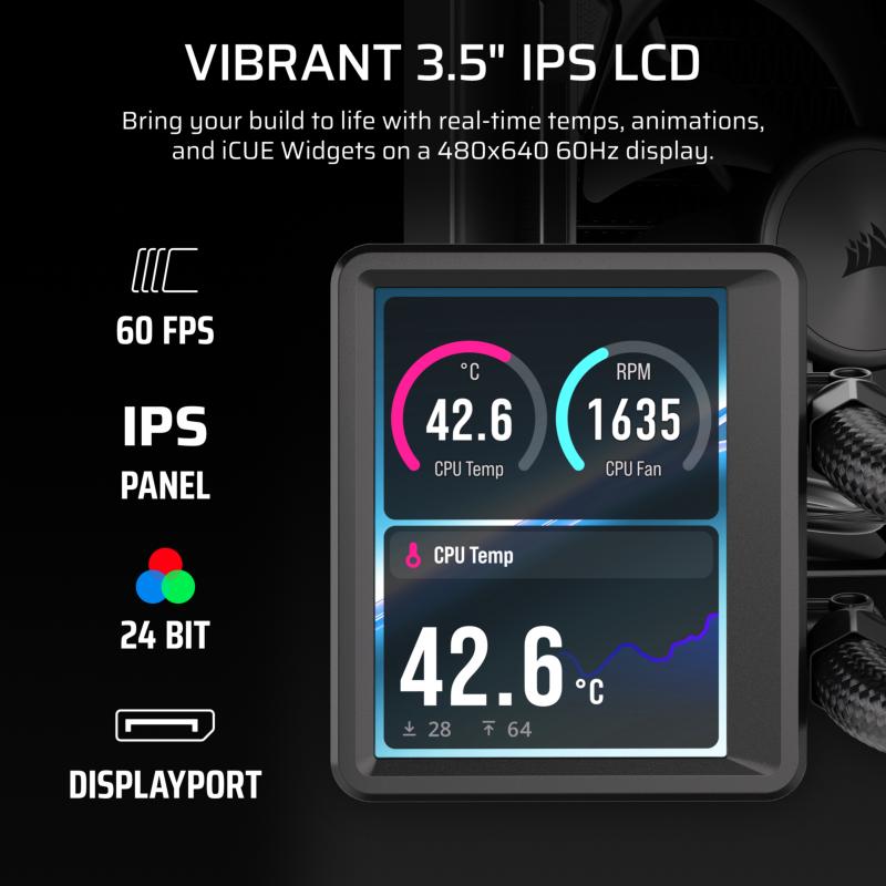 Écran LCD IPS 3,5 pouces du Corsair Nautilus II 240 RS LCD affichant les statistiques du système