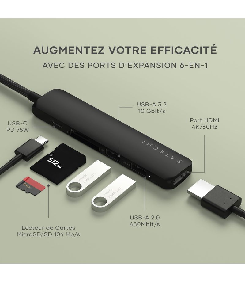 Hub USB-C SATECHI Multiport USB-C Slim 6-en-1 gris