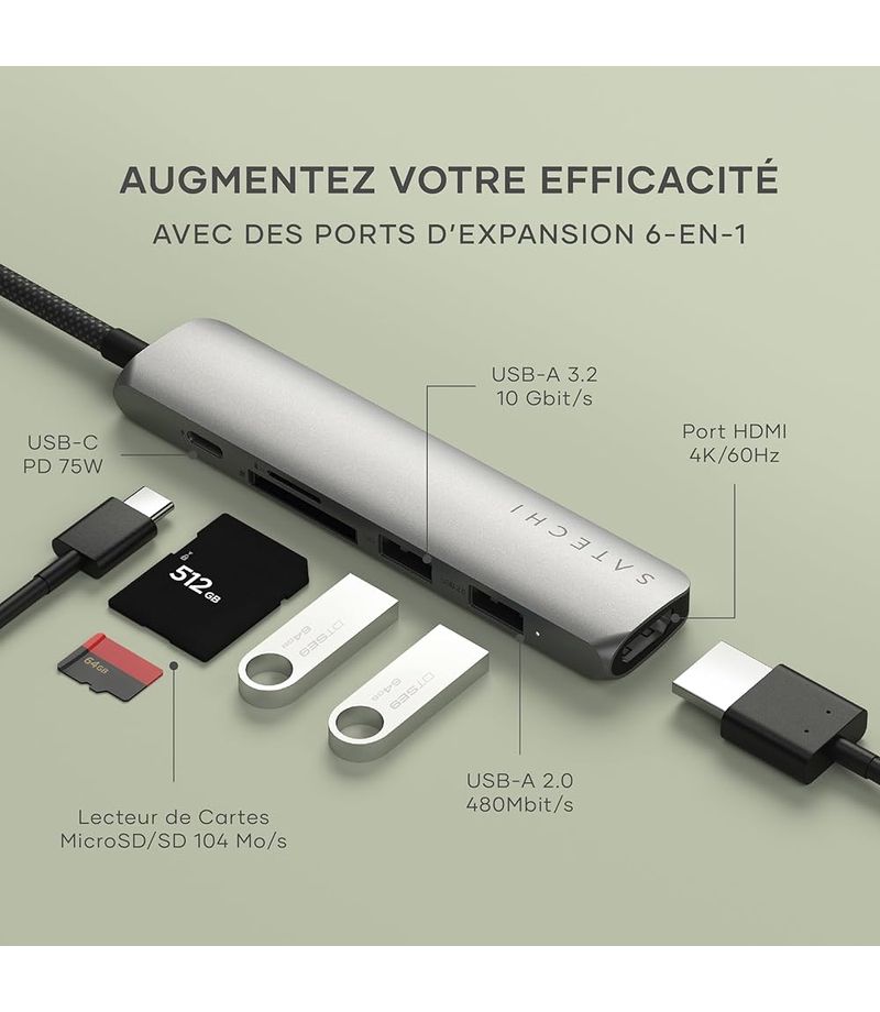 Hub USB-C SATECHI Multiport USB-C Slim 6-en-1 gris