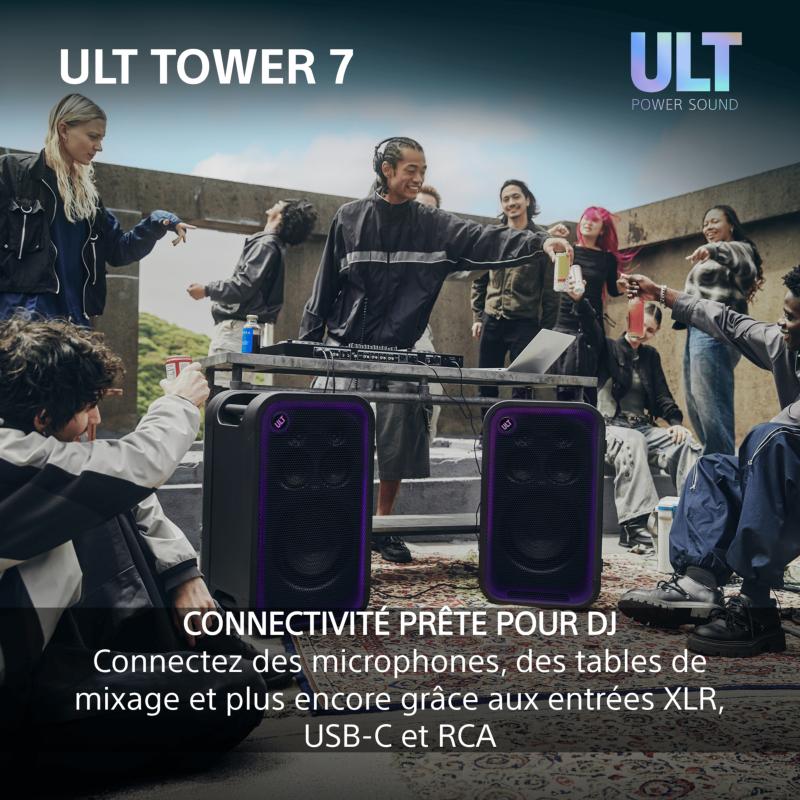 Sony ULT Tower 7 avec roulettes de transport et batterie offrant jusqu'à 30 heures d'autonomie