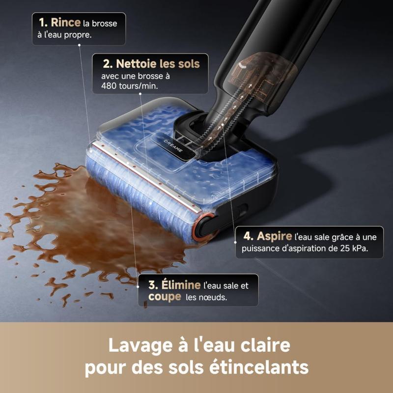 Aspiration et lavage à l'eau propre du Dreame T12 Pro
