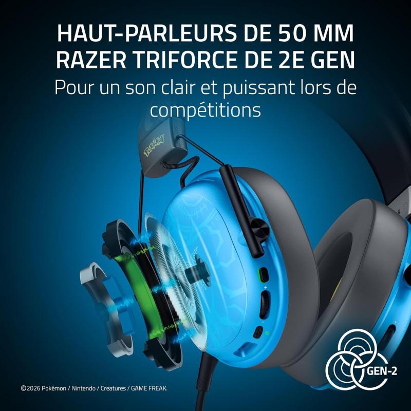 Oreillettes du casque Razer BlackShark V3 X HyperSpeed Pokémon Lucario avec transducteurs de 50 mm