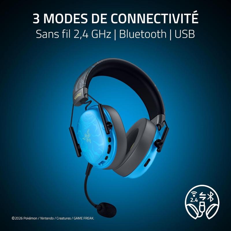 Vue du casque sans fil Razer BlackShark V3 X HyperSpeed édition Pokémon Lucario