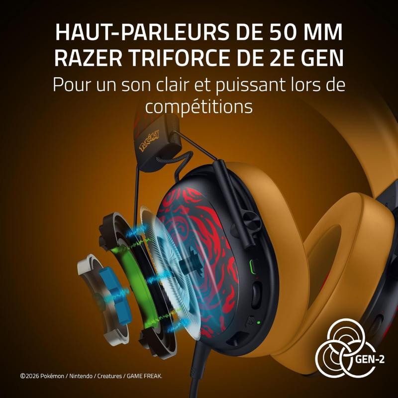 Oreillettes du casque Razer BlackShark V3 X HyperSpeed Pokémon Lucario avec transducteurs de 50 mm