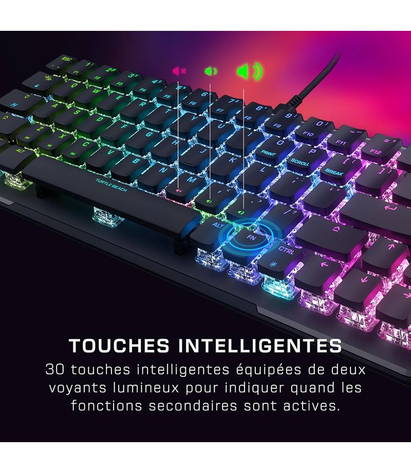 Vue du clavier Turtle Beach Vulcan II Mini avec touches personnalisables et éclairage RGB
