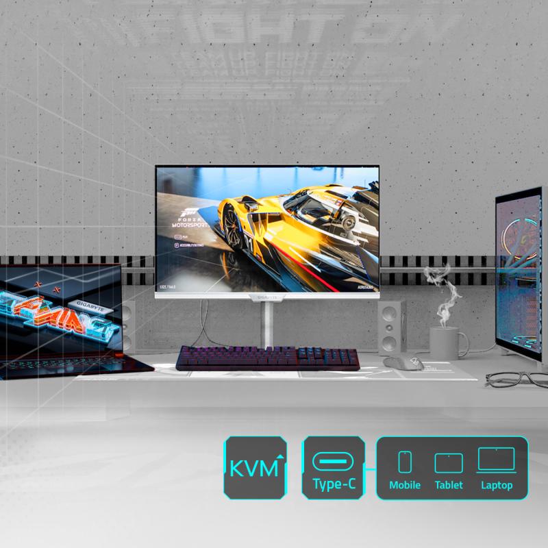 Moniteur gaming Gigabyte M27UP ICE avec socle ergonomique réglable et fonction KVM