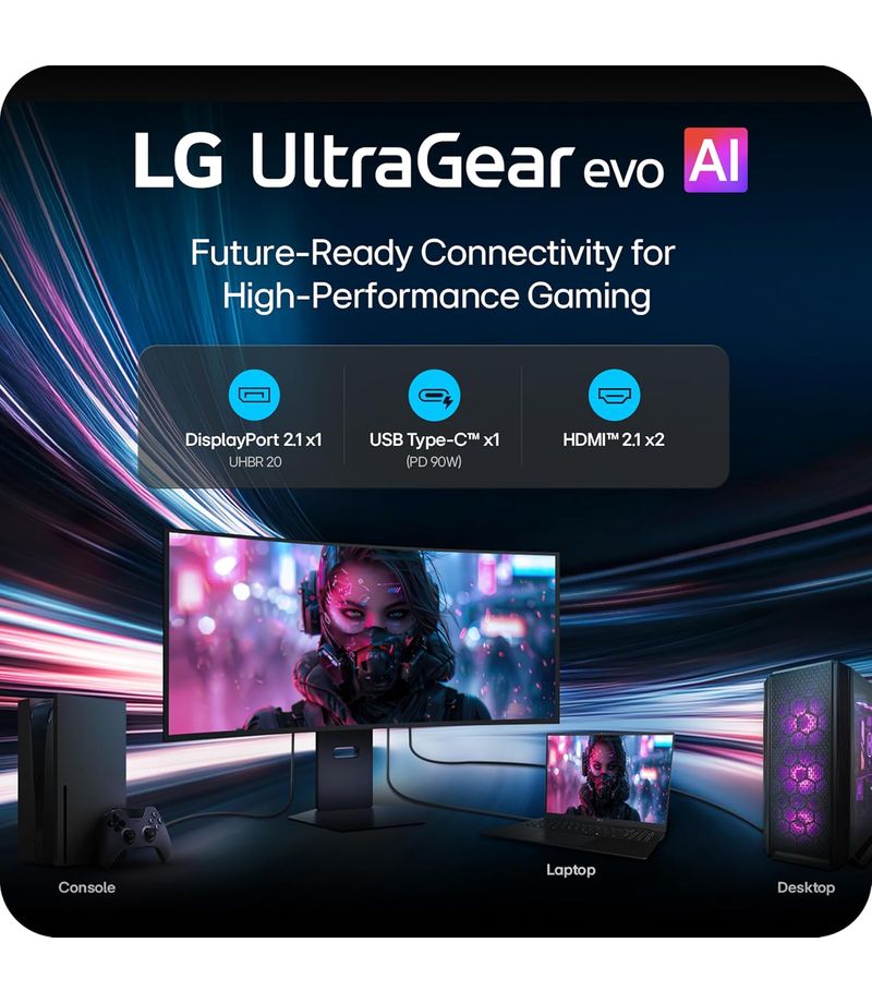 Emplacement pour une illustration de la connectique et des fonctionnalités IA du LG UltraGear Evo 39GX950B-B