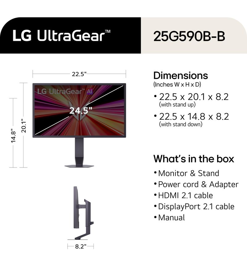 Écran LG UltraGear 25G590B-B avec pied ergonomique et connectique DisplayPort 2.1