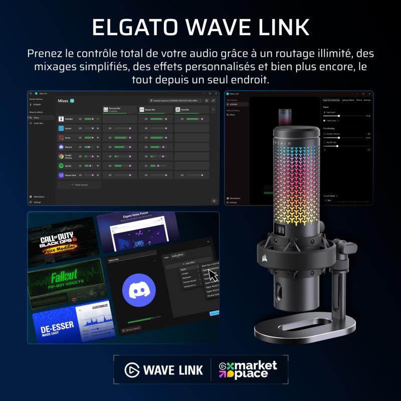 Contrôle audio Elgato Wave Link et technologie AI Voice Focus du Corsair Voxara
