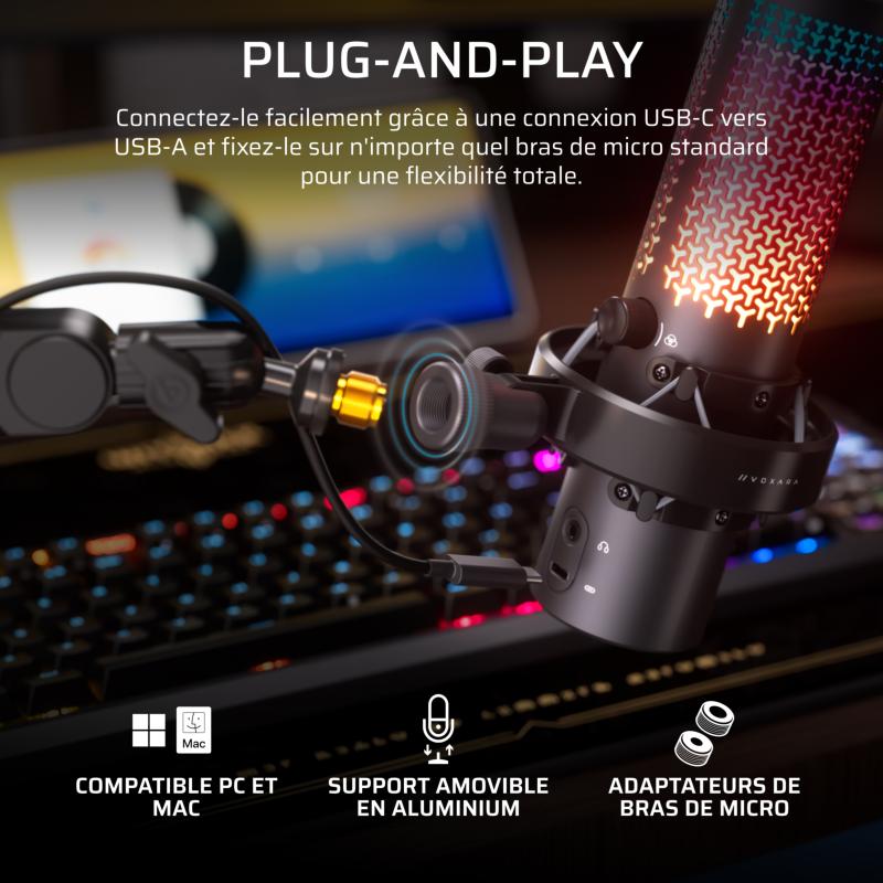 Écran OLED, commandes tactiles et éclairage RGB du microphone Corsair Voxara noir