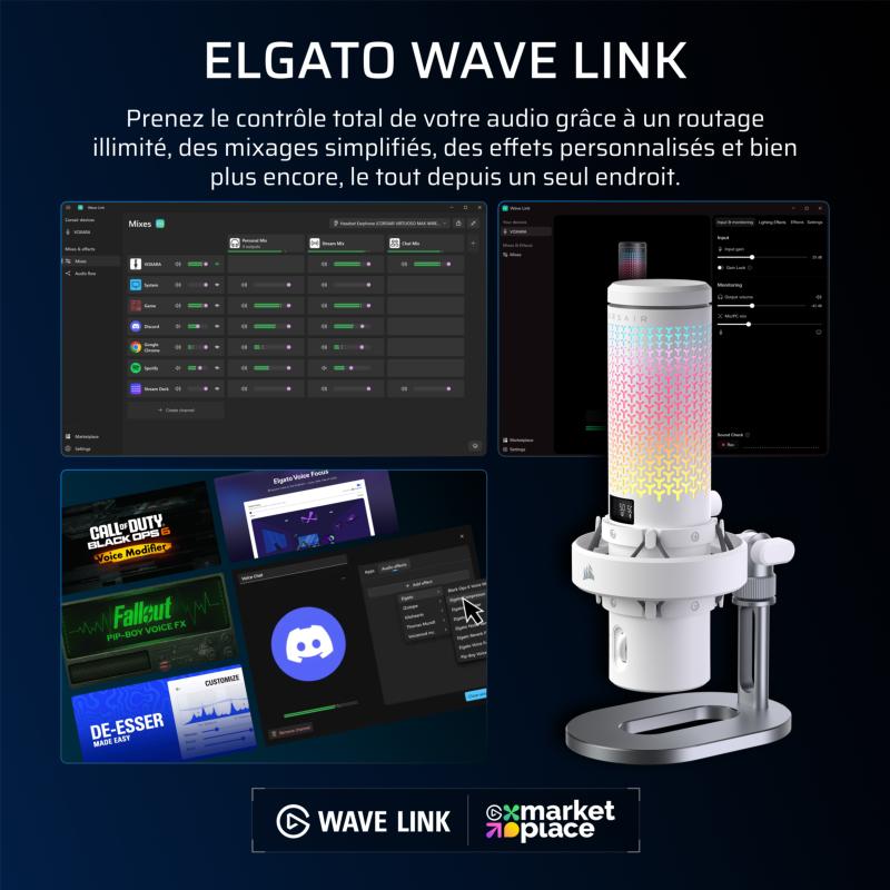 Contrôle audio Elgato Wave Link et technologie AI Voice Focus du Corsair Voxara
