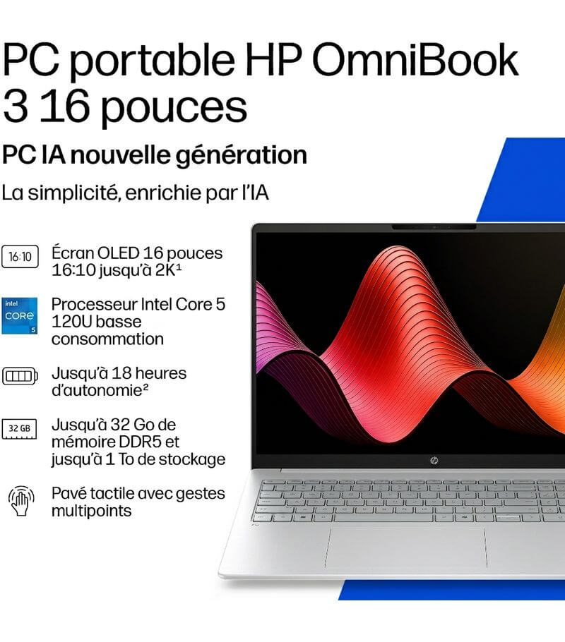 Vue générale du PC portable HP OmniBook 3 16-bu0014nf
