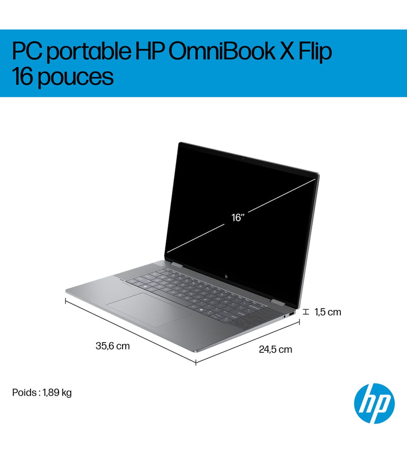 Dimensions et format 16 pouces du HP OmniBook X Flip 16