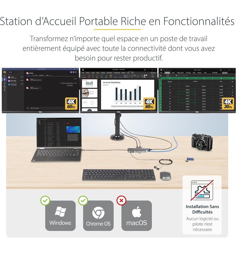 Hub USB-C StarTech.com 154B-USBC-MULTIPORT triple écran 4K