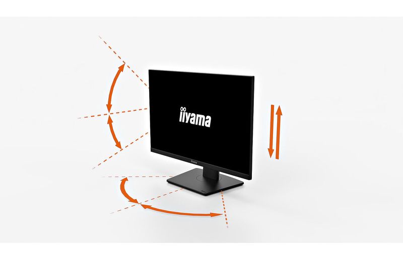 Vue de trois quarts du moniteur iiyama ProLite XB2495WSC-B1 avec pied ergonomique réglable