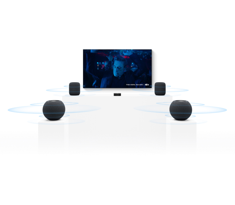 Configuration home cinéma surround Apple TV 4K avec quatre enceintes HomePod
