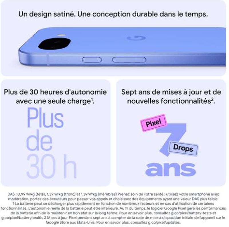 Smartphone Google Pixel 10a avec batterie 5100 mAh et protection IP68