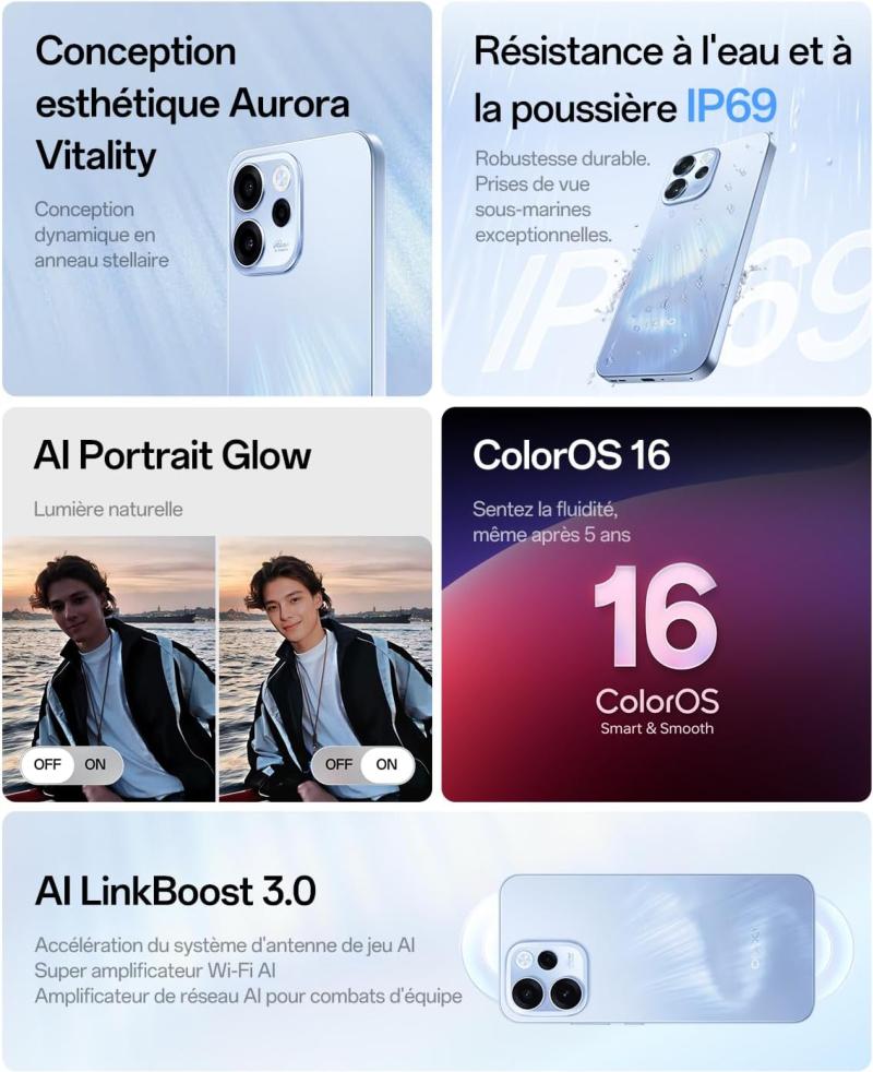 Design du OPPO Reno16 F 5G Blanc Pop