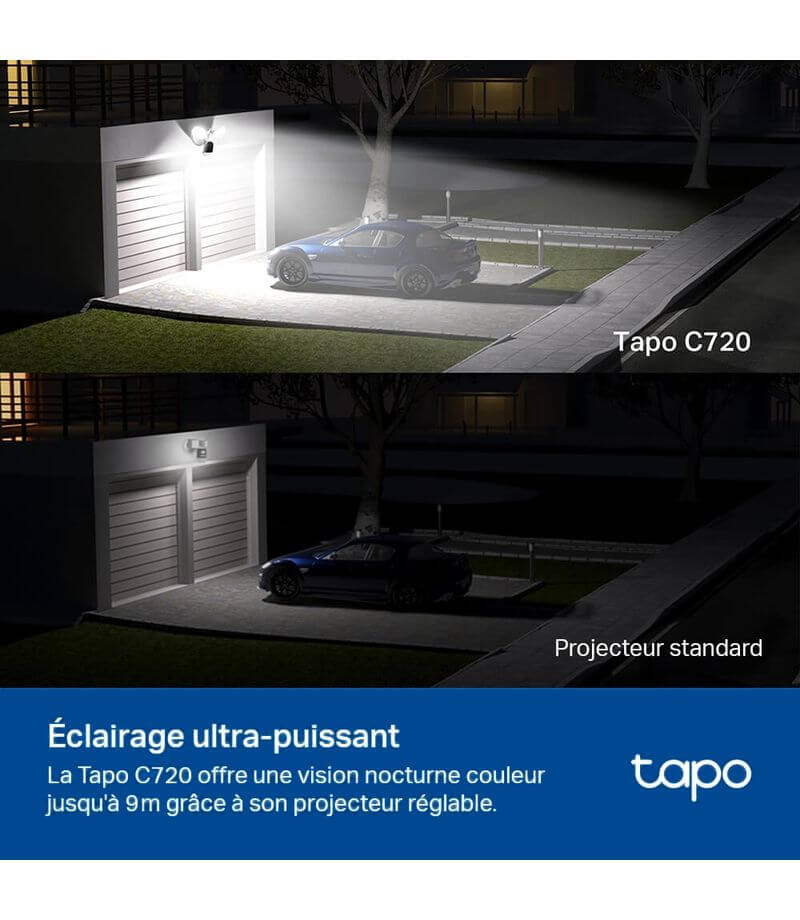 TAPO C720 avec son projecteur plus puissant que les caméras comparables