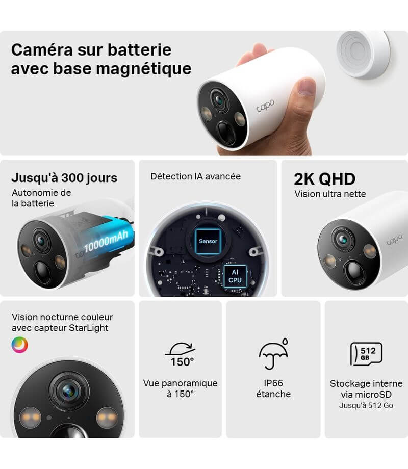 Caméra WiFi sur batterie TP-Link Tapo TC85 2K QHD