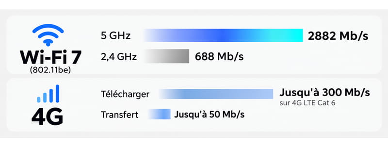 Débits Wi-Fi 7 double bande et 4G LTE Cat.6 du modem-routeur ASUS 4G-BE58
