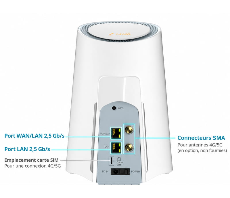 Connectique Ethernet 2,5 GbE et connecteurs SMA du D-Link G536