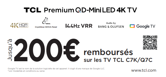 Jusqu'à 200€ remboursés sur une sélection de TV TCL