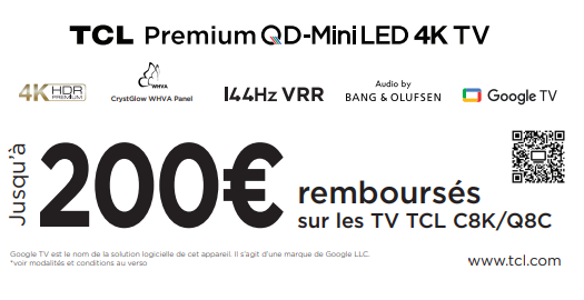 Jusqu'à 200€ remboursés sur une sélection de TV TCL