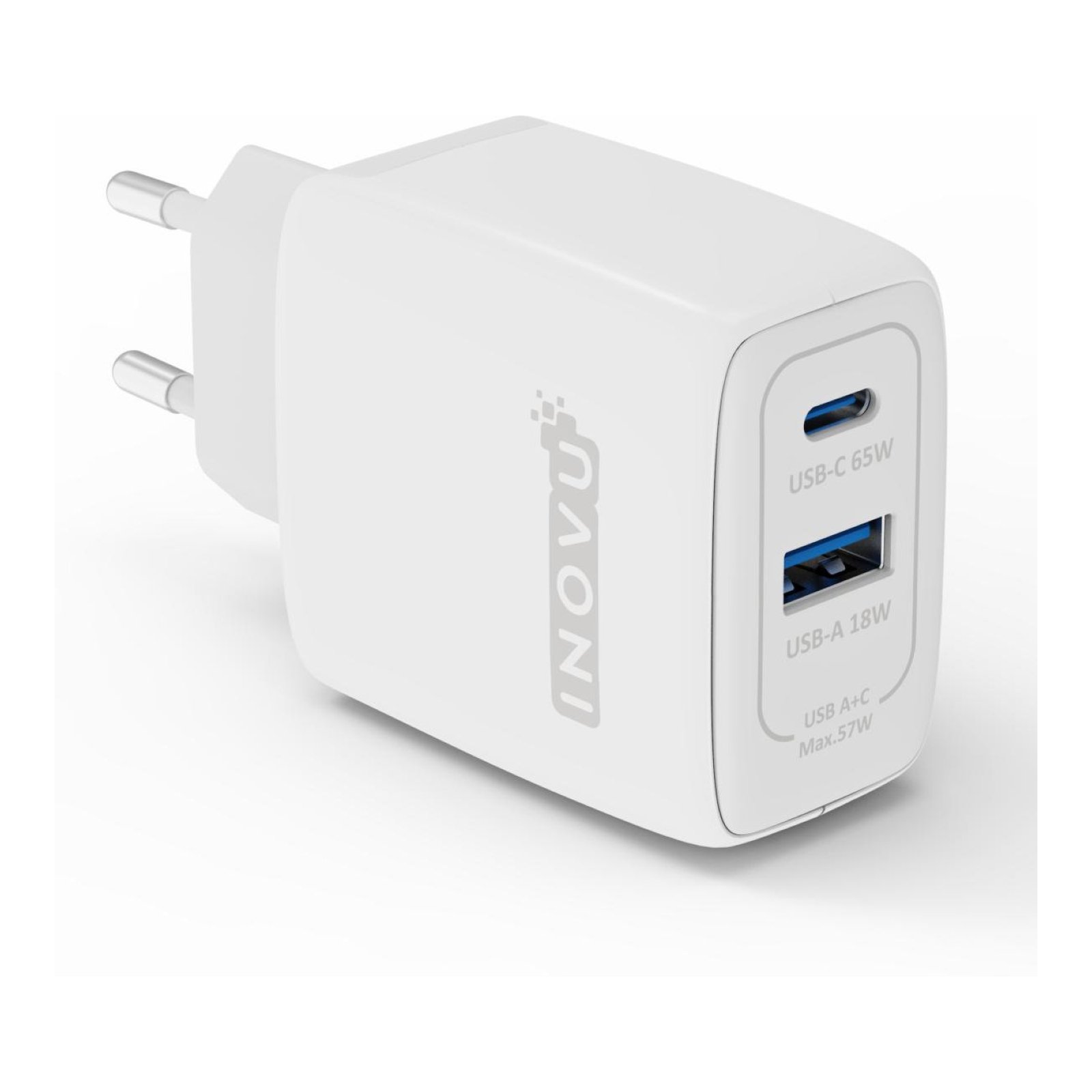 INOVU Chargeur Secteur 65W 2 en 1 (USB-A + 1 x USB-C) Power Delivery, GAN