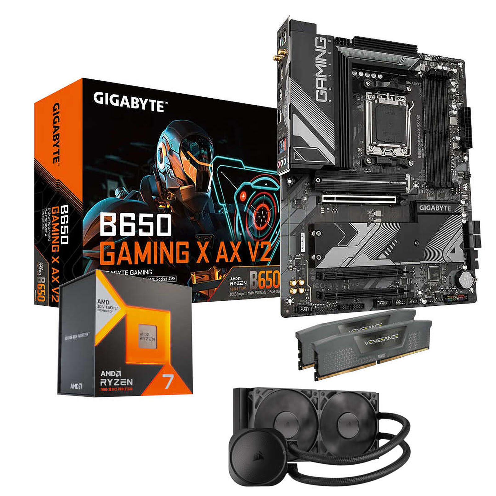 Kit upgrade PC AMD Ryzen 7 7800X3D + Gigabyte B650 + RAM 32 Go DDR5 - AiO 240 - Autre vue