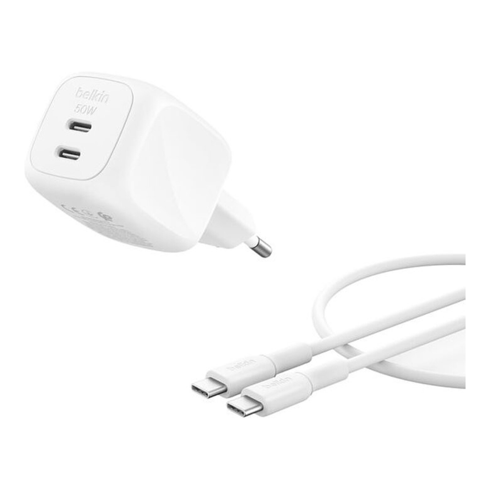 Chargeur Belkin BoostCharge Pro Chargeur secteur GaN deux ports USB-C - 50 W + câble USB-C - Blanc - Autre vue