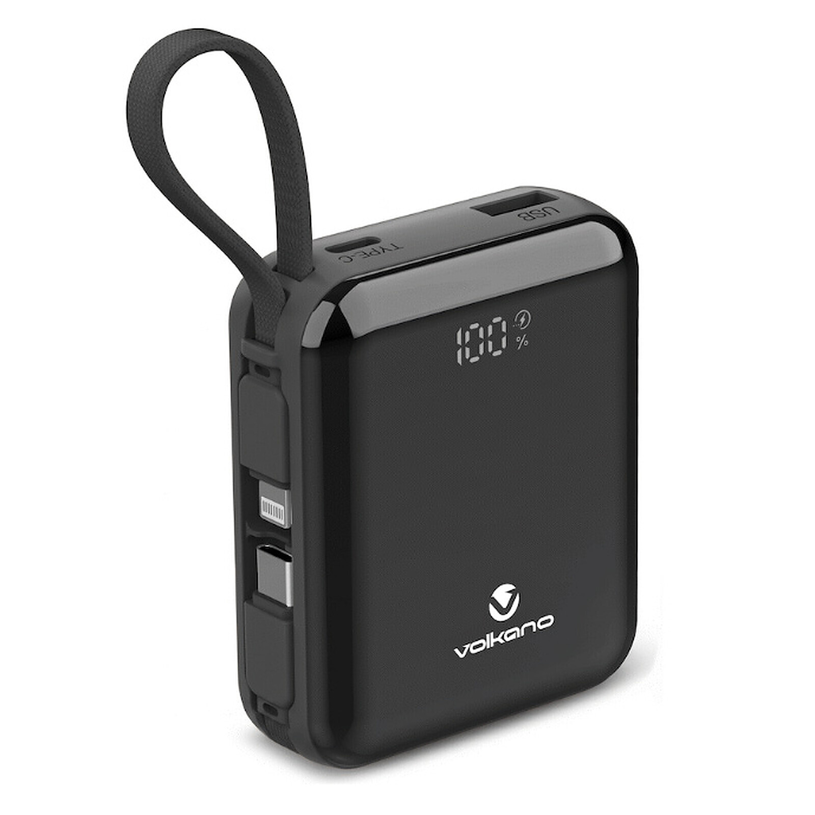 Batterie et powerbank Volkano Solace Series 10 000 mAh avec câbles USB-C et Lightning intégrés - Noir - Autre vue