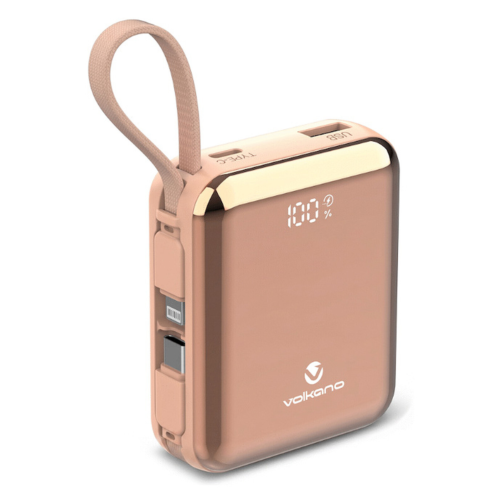 Batterie et powerbank Volkano Solace Series 10 000 mAh avec câbles USB-C et Lightning intégrés - Rose et Or - Autre vue