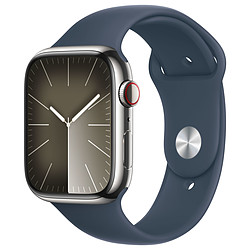 Apple Watch Series 9 GPS + Cellular - Acier Inoxydable Argent - Bracelet Sport Band Bleu - 45 mm - Taille S/M
