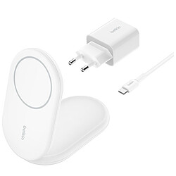 Belkin BoostCharge Socle de Recharge Aimanté et Pliable Qi2 15W - Blanc + Chargeur secteur