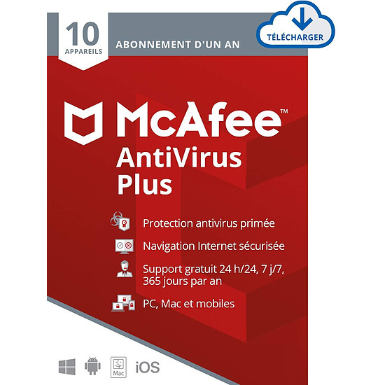Logiciel antivirus et sécurité McAfee AntiVirus Plus - Licence 1 an - 10 postes - A télécharger