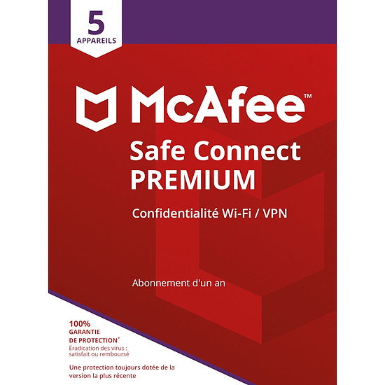 Logiciel antivirus et sécurité McAfee VPN Safe Connect Premium - Licence 1 an - 5 postes - A télécharger