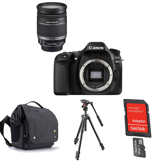 Canon EOS 80D + EF-S 18-200mm f/3.5-5.6 IS + Carte microSD Sandisk 16 GO  avec adaptateur SD + Trépied Manfrotto 290 Light + Caselogic FLXM 101  Antharcite - Appareil photo Reflex Canon sur