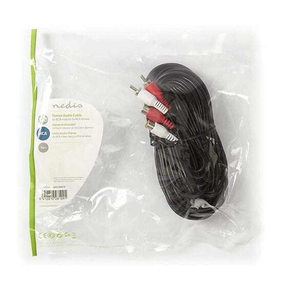 Câble RCA NEDIS Câble Audio Stéréo 2x RCA Mâles vers 2x RCA Femelles - 2 m - Noir - Autre vue