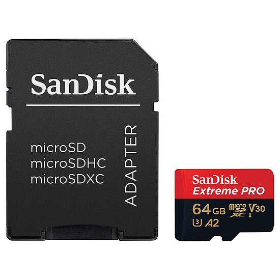 Carte mémoire SanDisk Extreme Pro microSDXC UHS-I U3 V30 A2 64 Go + Adaptateur SD