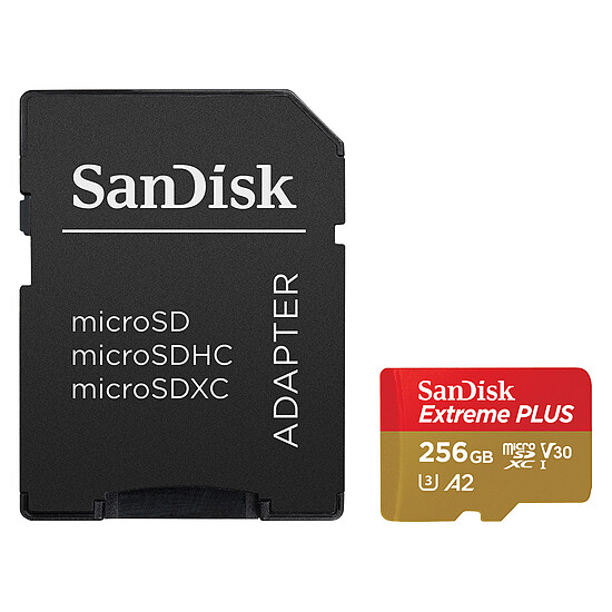 Carte mémoire SanDisk Extreme Plus microSDXC UHS-I U3 A2 V30 256 Go + Adaptateur SD