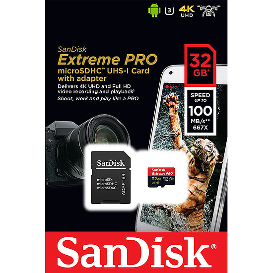 Carte micro SD SanDisk Extreme Pro microSDHC UHS-I U3 V30 A1 32 Go + Adaptateur SD - Autre vue