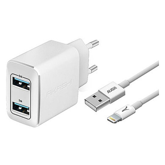 Câble USB Akashi Chargeur Secteur 2.4A 2xUSB + Câble Lightning