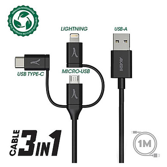 Adaptateur USB Akashi Câble Eco 3-en-1 USB-A vers USB-C - Lightning - micro USB - 1 m - Autre vue