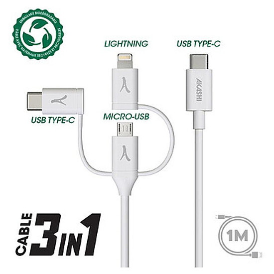 Adaptateur USB Akashi Câble Eco 3-en-1 USB-C vers USB-C - Lightning - micro USB - 1 m - Autre vue