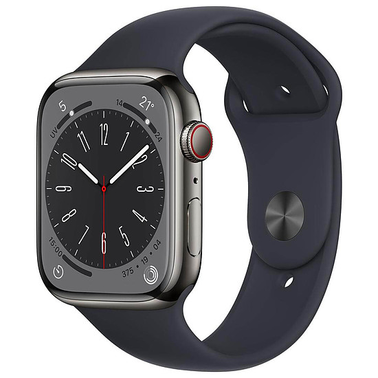 Montre connectée Apple Watch Series 8 GPS + Cellular - Acier Inoxydable Minuit - Sport Band - 45 mm