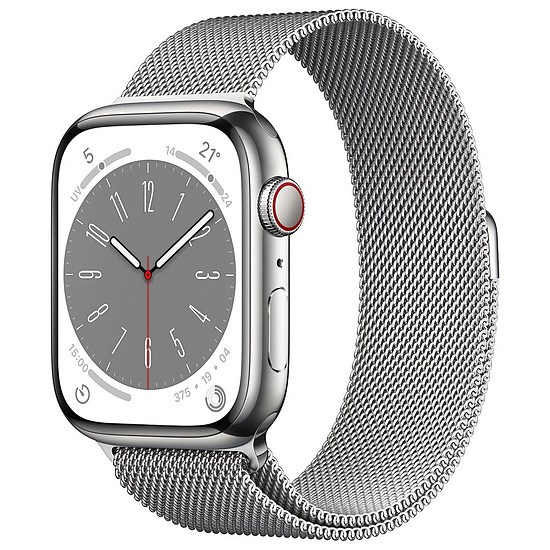 Montre connectée Apple Watch Series 8 GPS + Cellular - Acier Inoxydable Argent - Bracelet Milanais 45 mm