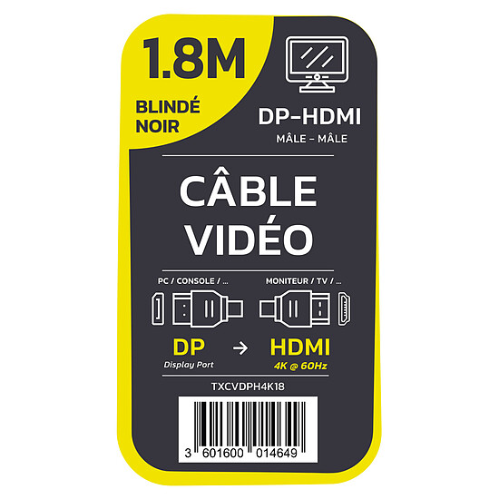 Adaptateur DisplayPort TEXTORM Câble DisplayPort vers HDMI blindé 4K - Mâle/Mâle - 1.8 m - Autre vue